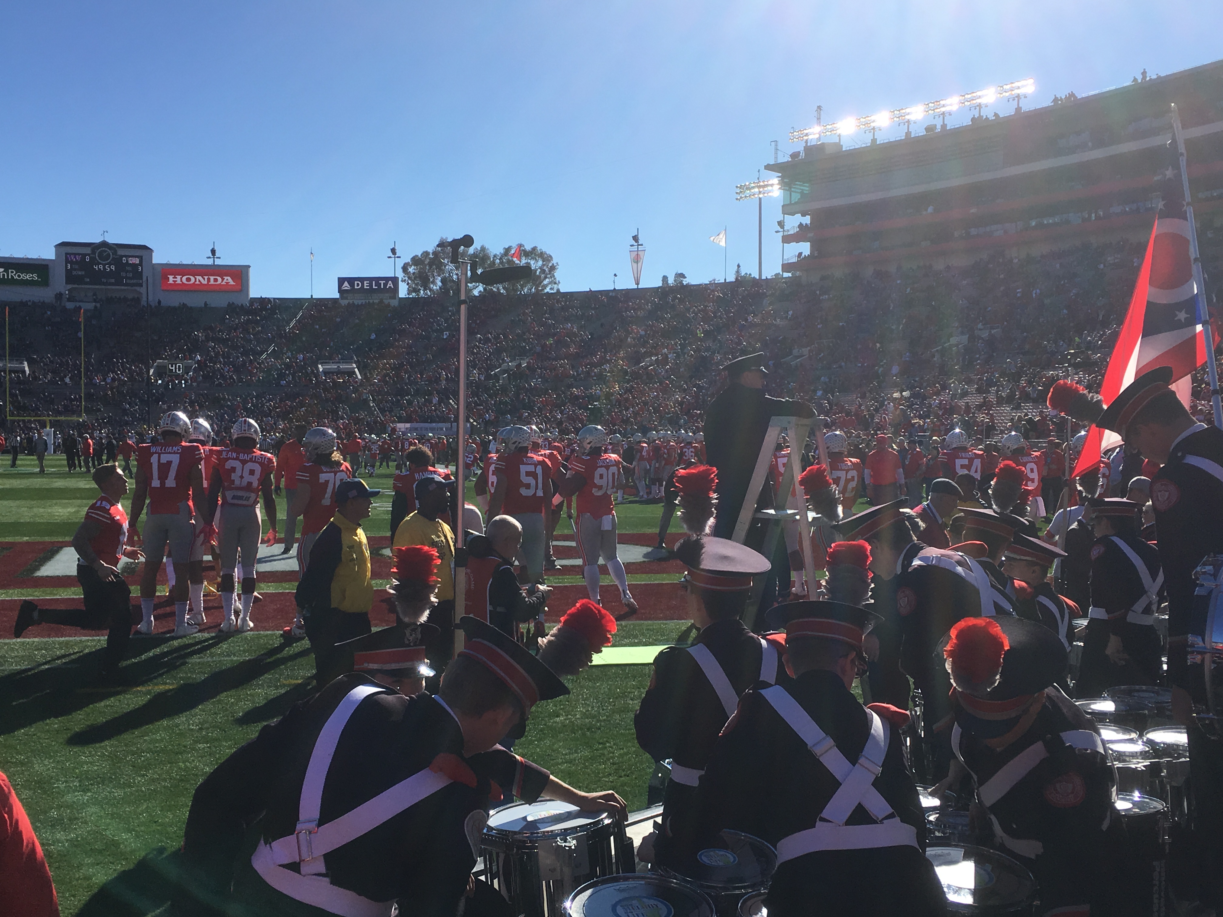 Ohio State football team and marching band at the 2019 Rose Bowl