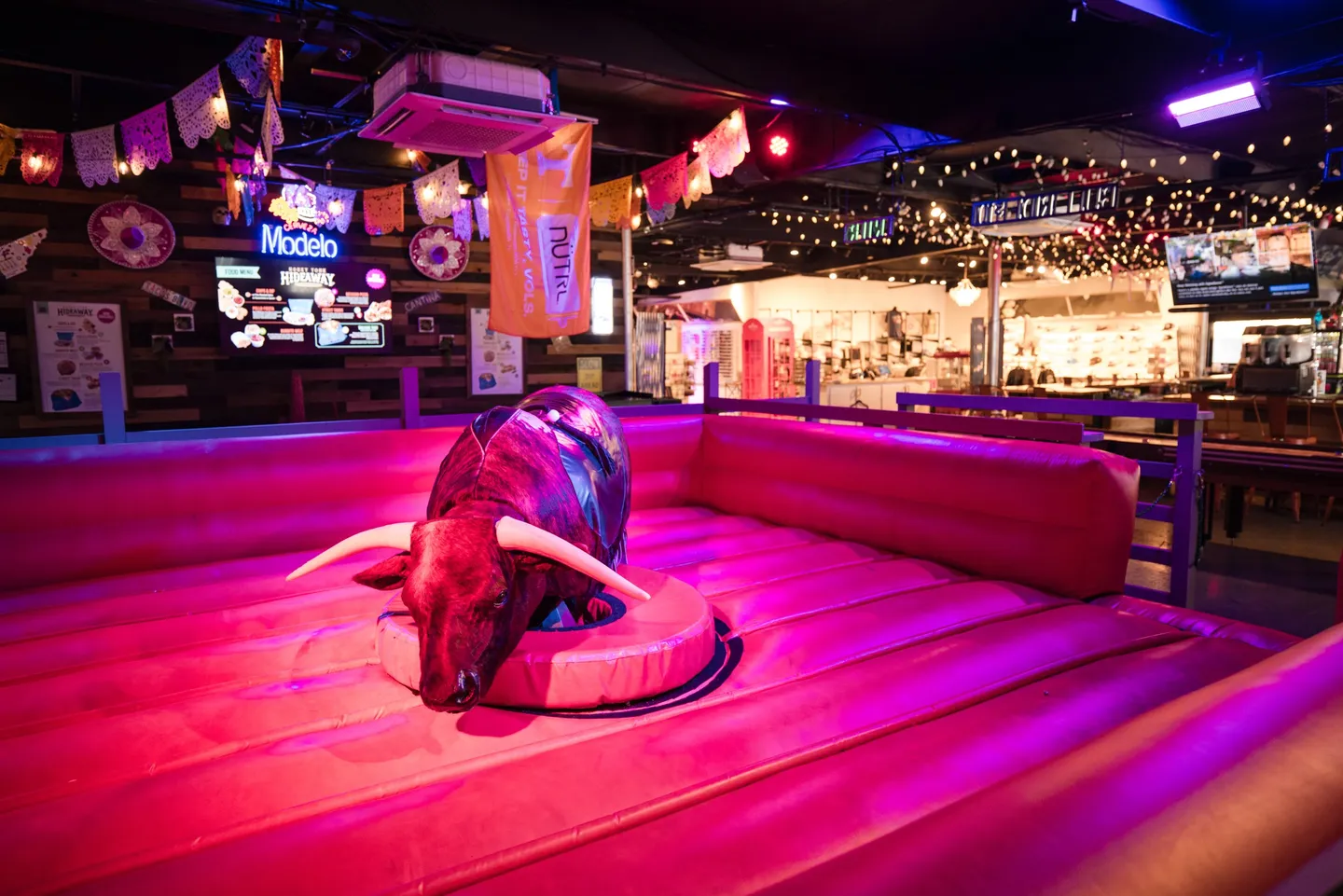 The indoor mechanical bull and padded riding area at Honky Tonk Hideaway